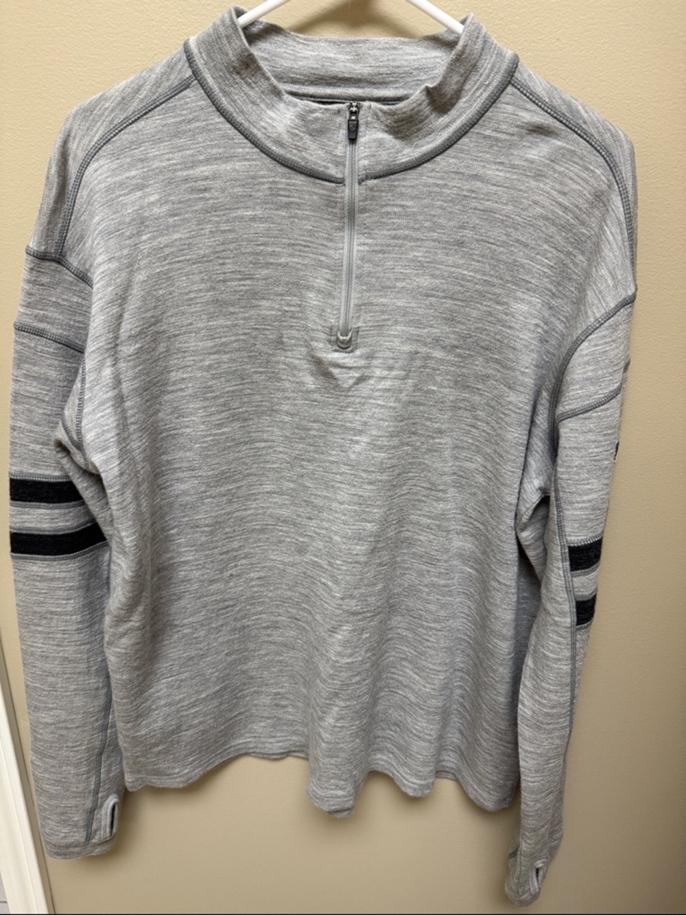 Kuhl Men's Light Gray Quarter- Zip Sweater with Black Sleeve Stripes